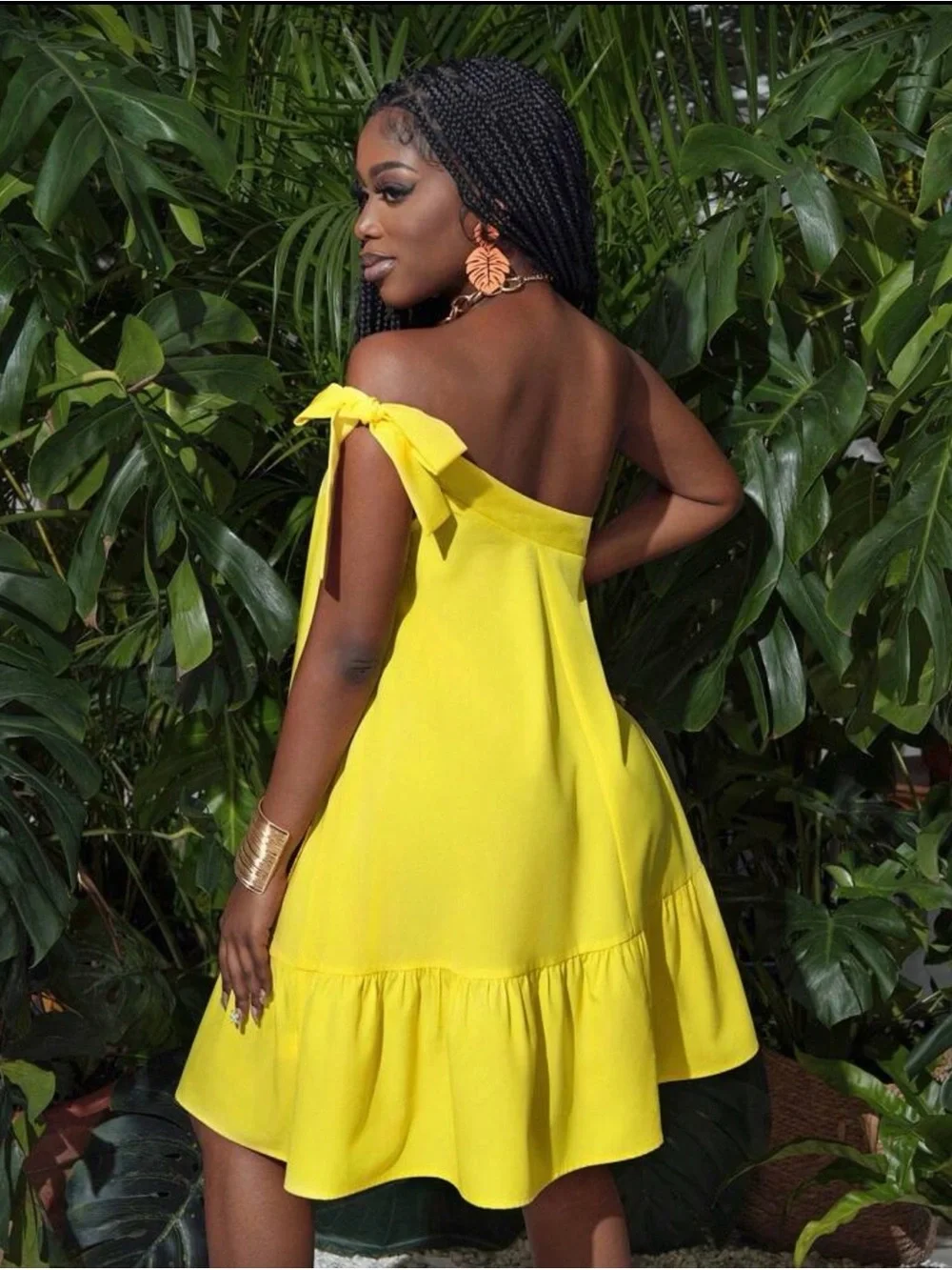 Yellow Off-the-Shoulder Ruffle Dress | Tie Strap Mini Dress - Picture 2 of 2